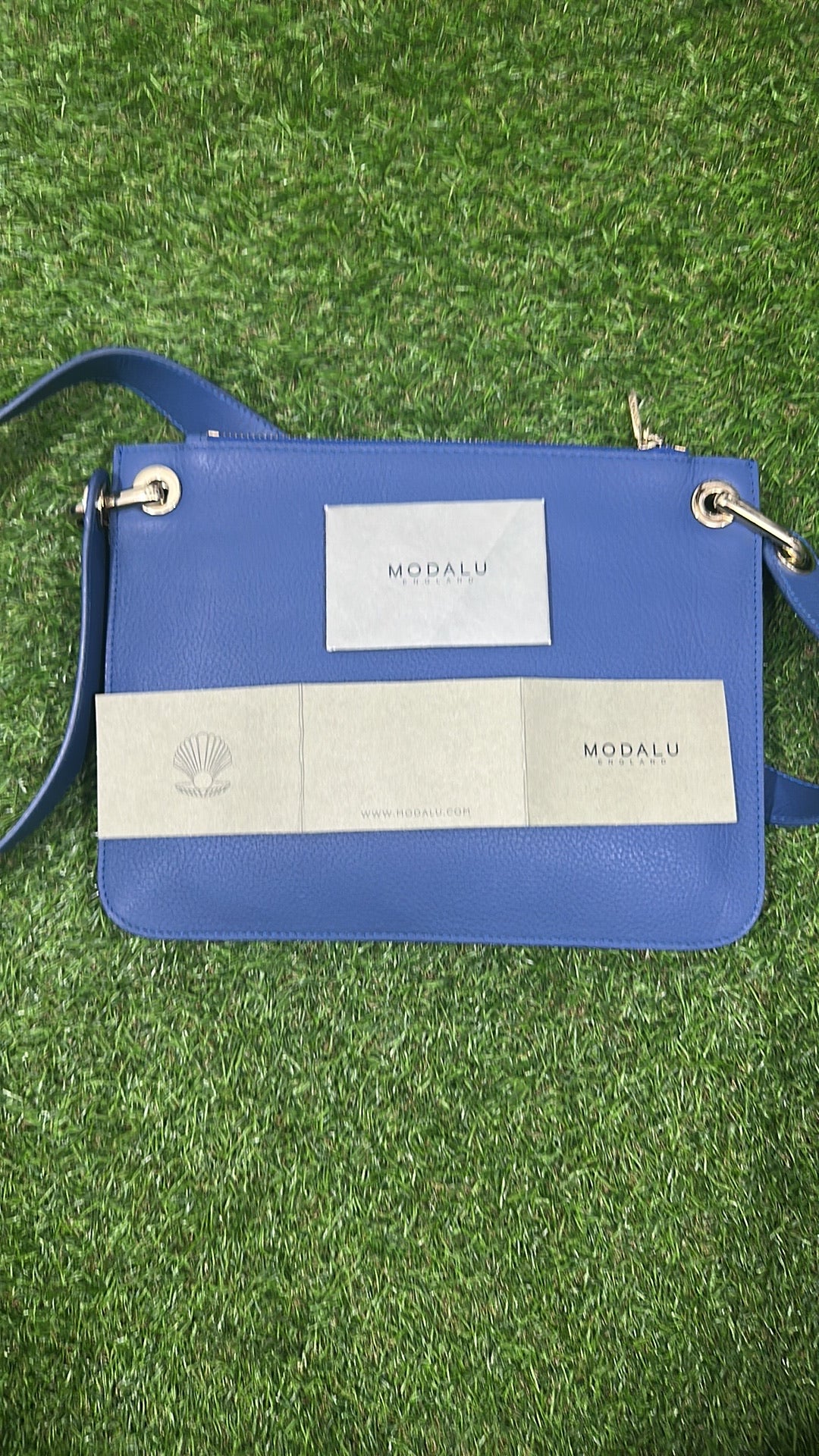Modalu London Blue Leather Crossbody Bag with Exterior Pockets