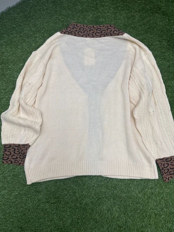 Made with Love Cream cable knit leopard trim cardigan size Medium