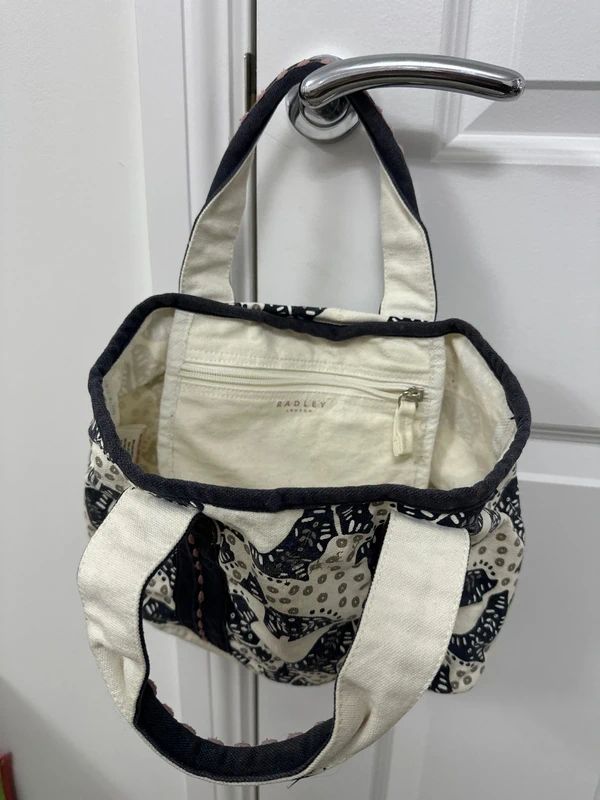 Radley London white and navy canvas mini tote bag featuring a Scottie dog pattern