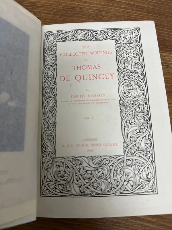 Volume I of The Collected Writings of Thomas De Quincey, edited by David Masson