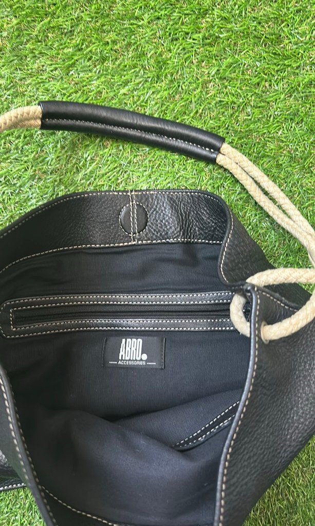 ABRO Brown Leather Handbag with Rope Handle
