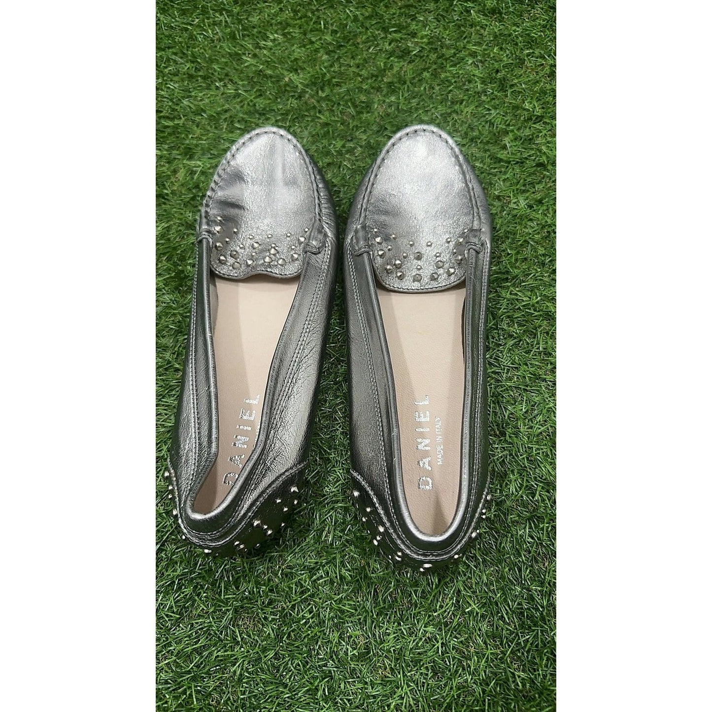 Daniel Silver Metallic Leather Studded Driving Loafers, Size 6, Made in Italy