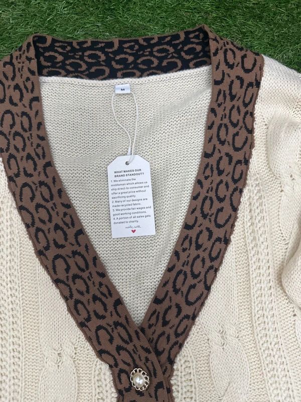 Made with Love Cream cable knit leopard trim cardigan size Medium