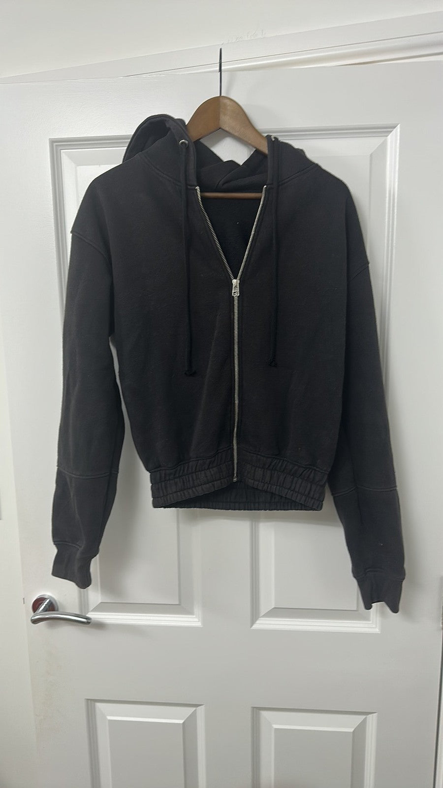 Faded Black Cropped Zip-Up Hoodie with Smocked Waistband size Medium