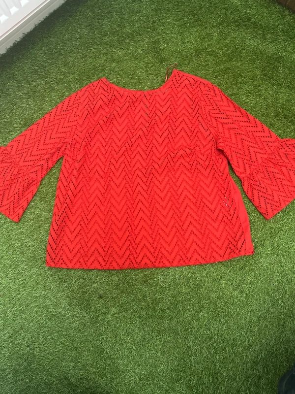 Papaya red broderie anglaise bell sleeve top size 12