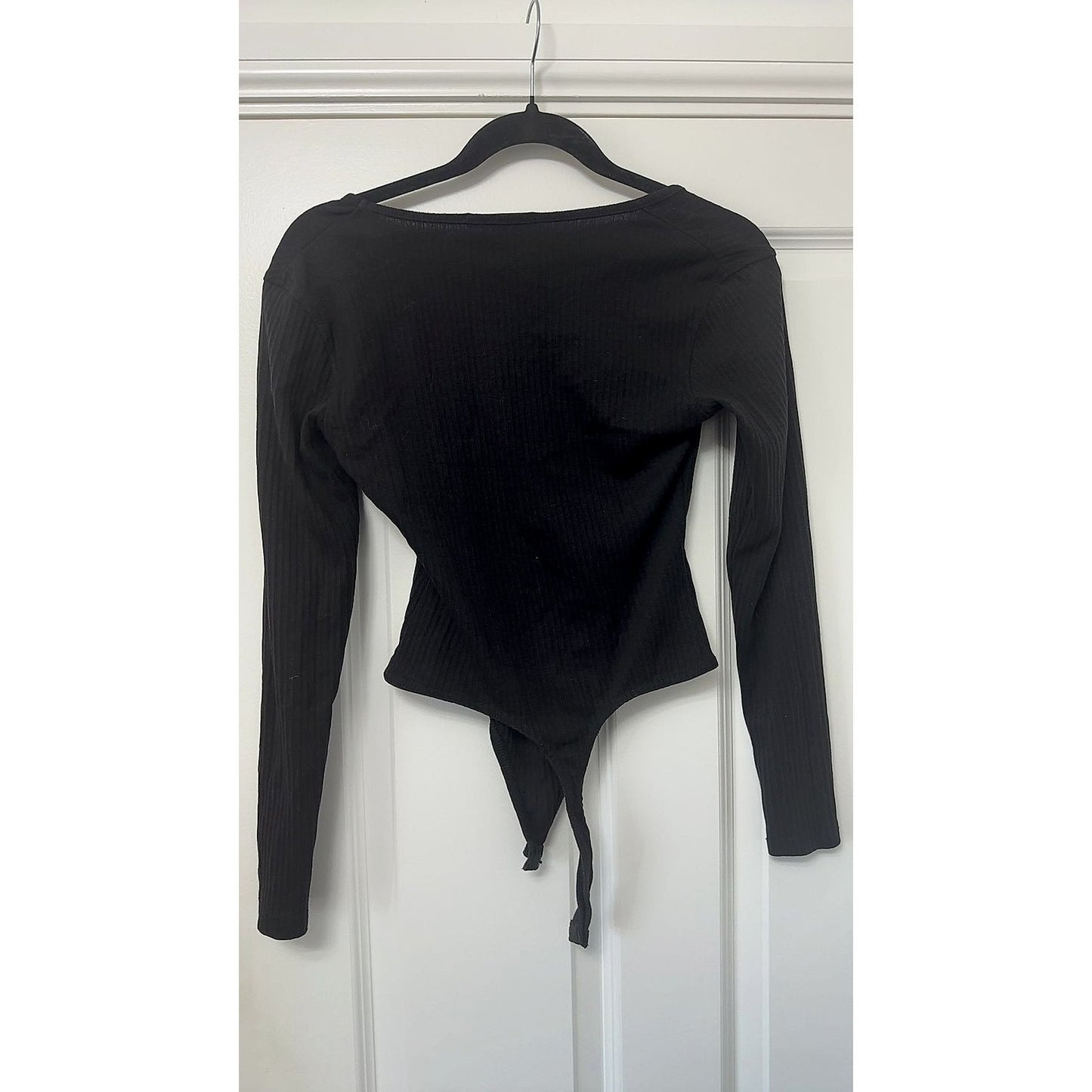Missguided Black Ribbed Long Sleeve Bodysuit, Square Neck, UK 12
