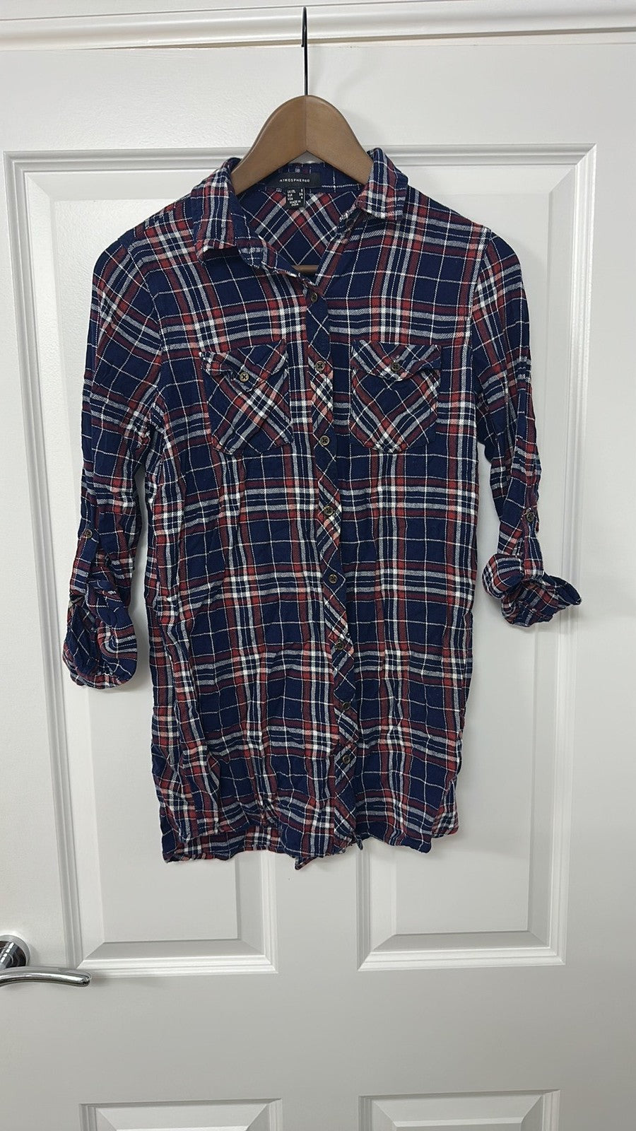 Atmosphere Navy and Red Plaid Longline Flannel Shirt - UK 8