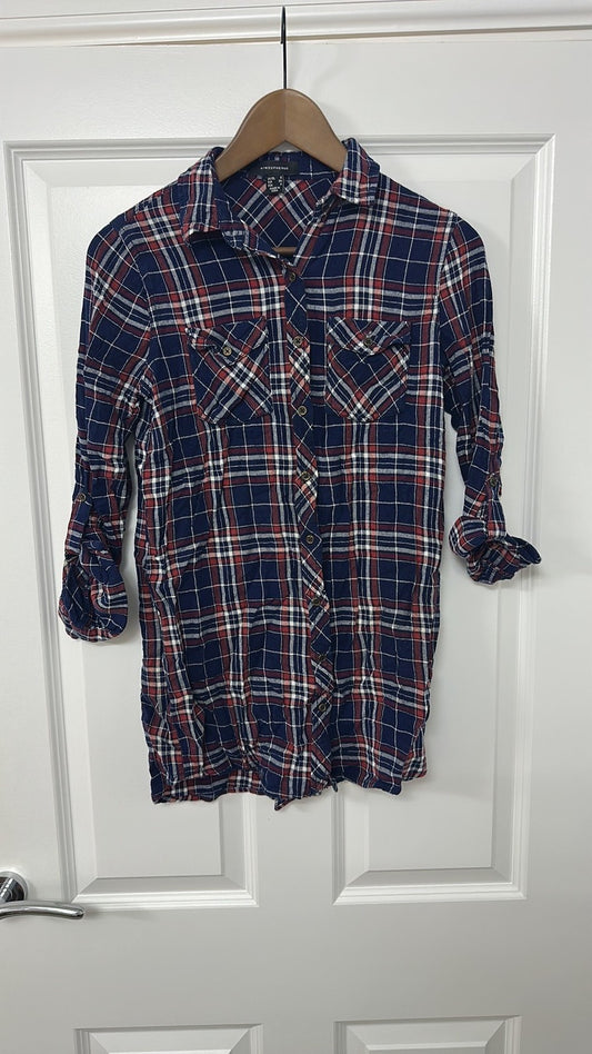 Atmosphere Navy and Red Plaid Longline Flannel Shirt - UK 8