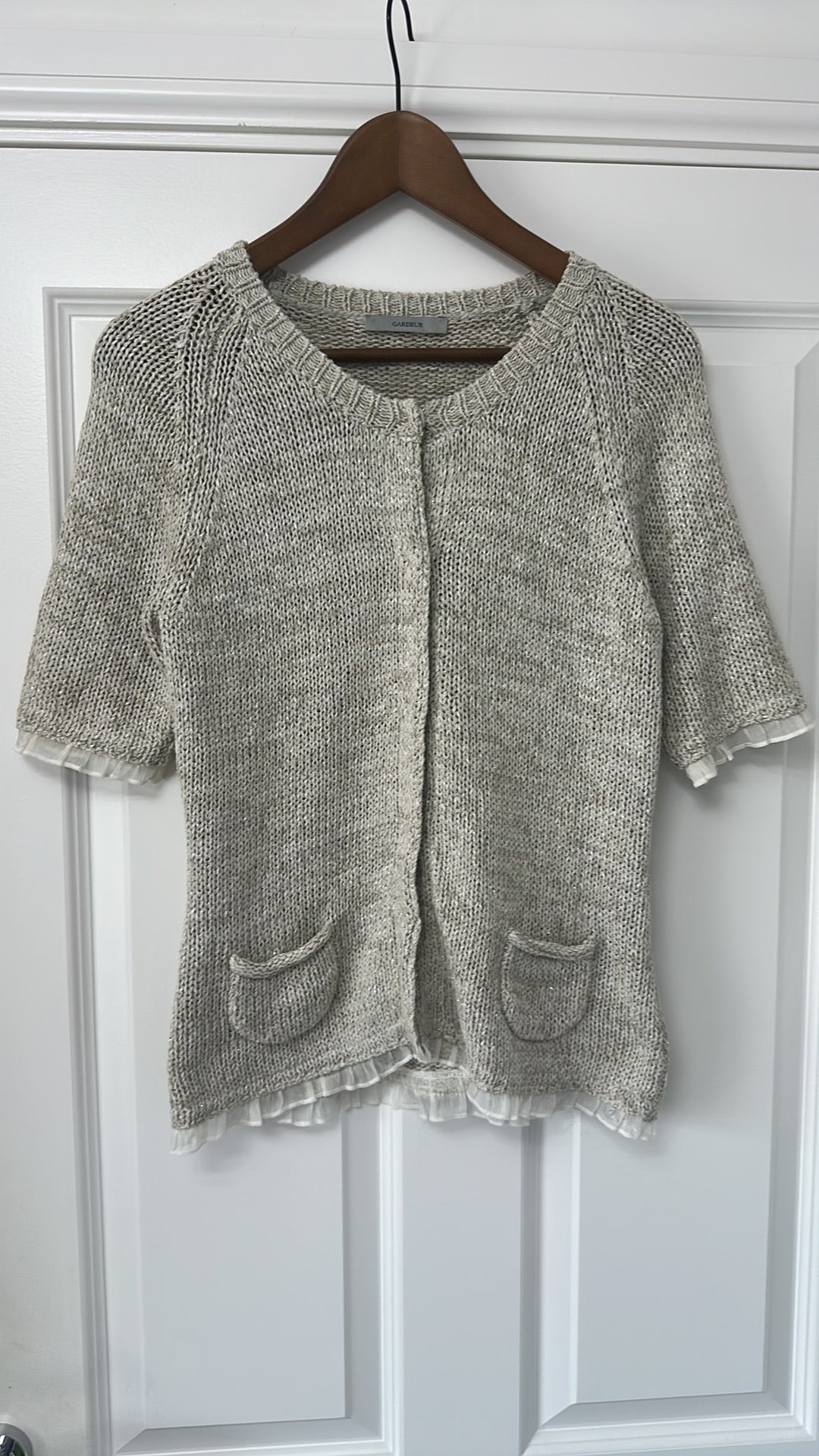 Gardeur Taupe Metallic Knit Short Sleeve Cardigan with Ruffle Trim size 12 - New