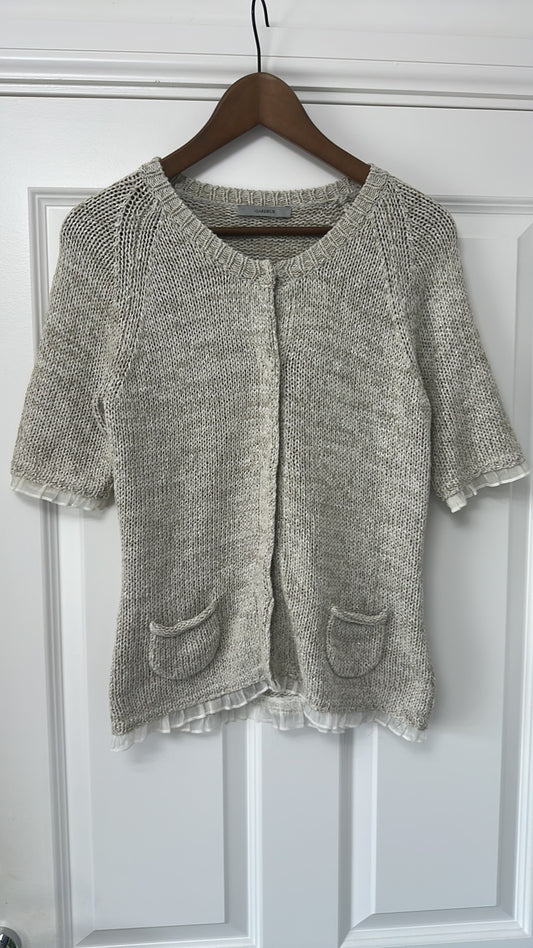 Gardeur Taupe Metallic Knit Short Sleeve Cardigan with Ruffle Trim size 12 - New