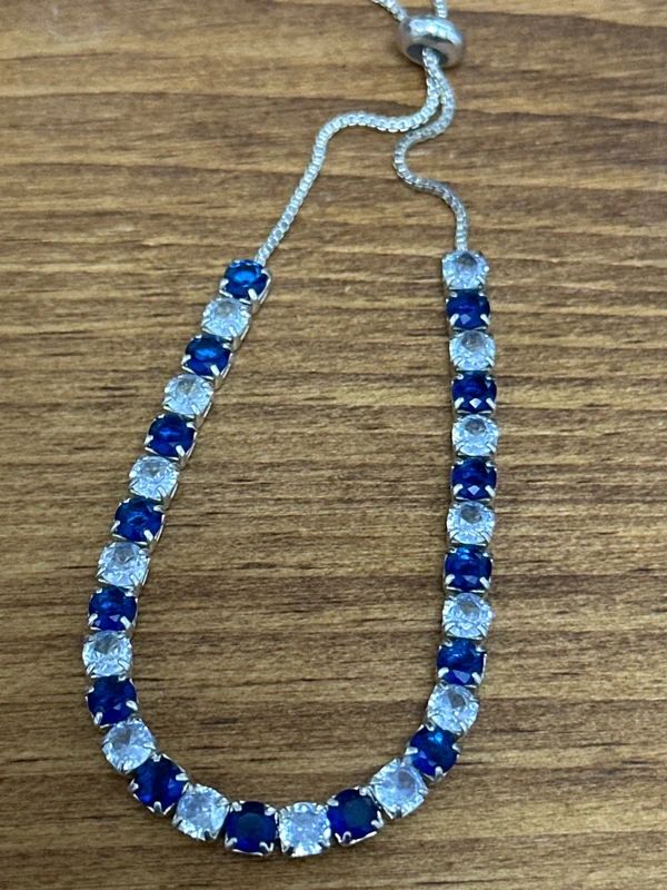 Blue and white Crystal Tennis Box chain silver tone adjustable bracelet