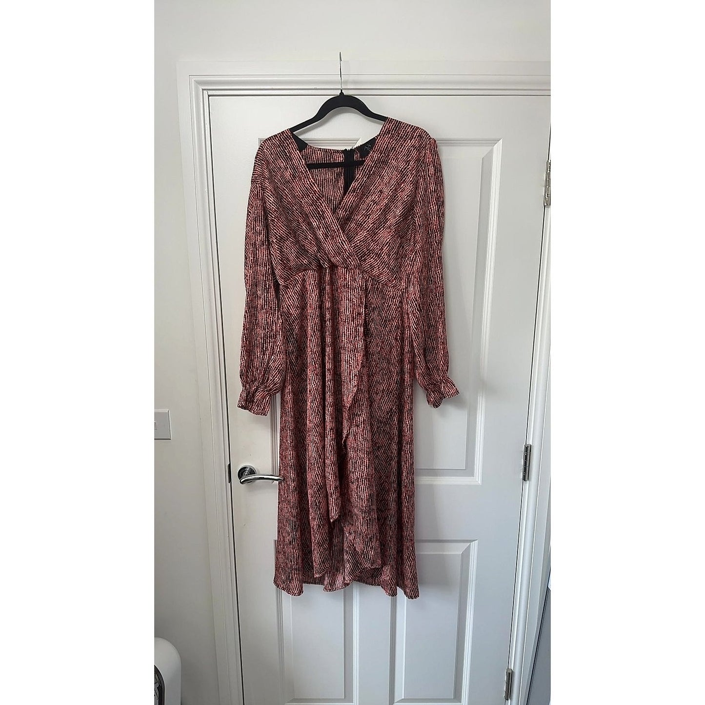 AX Paris Red & Black Print Long-Sleeve V-Neck Midi Dress, Size 18
