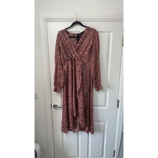 AX Paris Red & Black Print Long-Sleeve V-Neck Midi Dress, Size 18