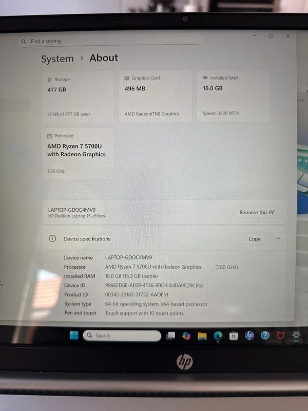 HP Pavilion Laptop 15-eh1xxx running Windows 11 with 16GB of RAM and an AMD Ryzen 7 5700U processor.