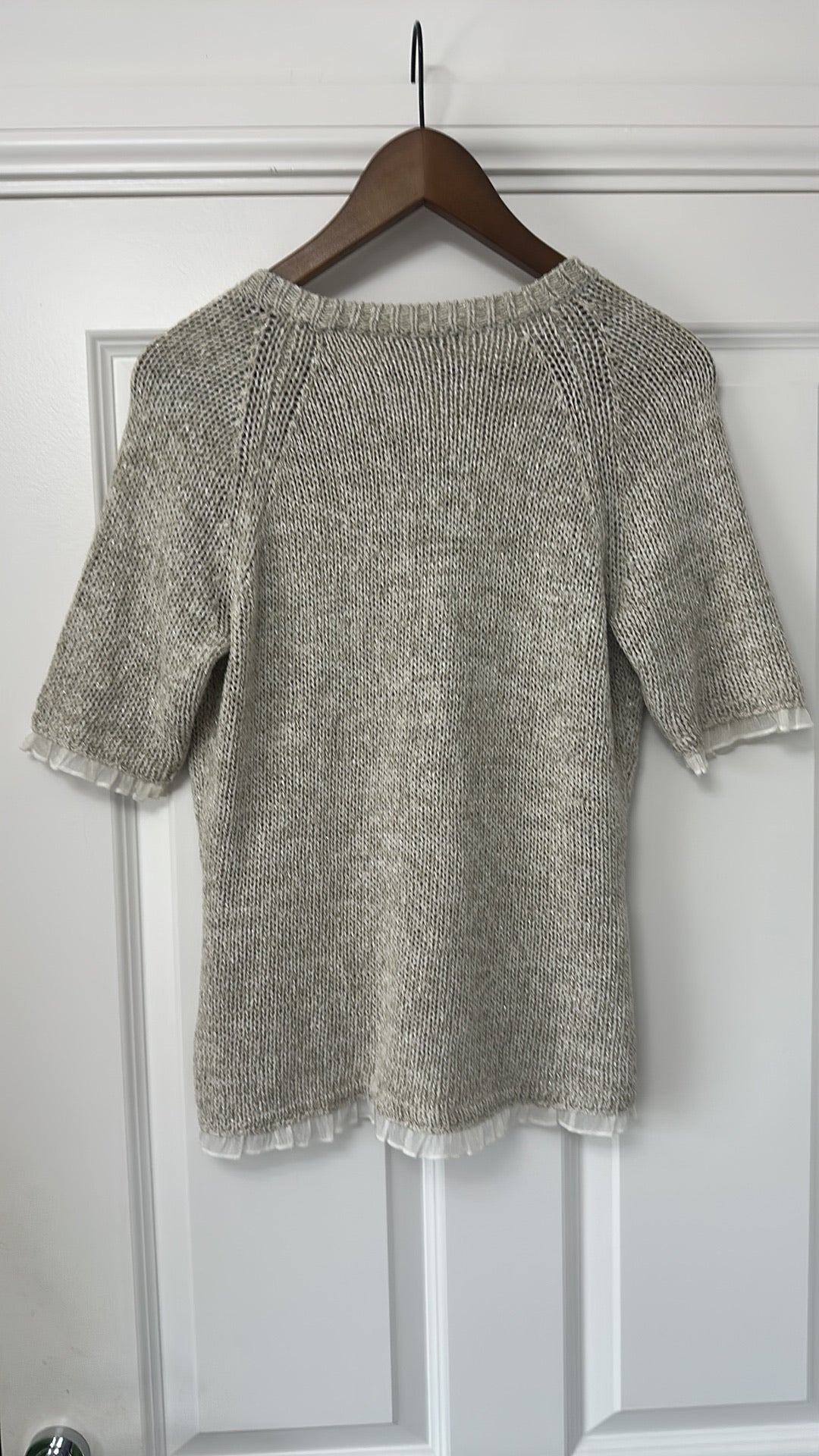 Gardeur Taupe Metallic Knit Short Sleeve Cardigan with Ruffle Trim size 12 - New