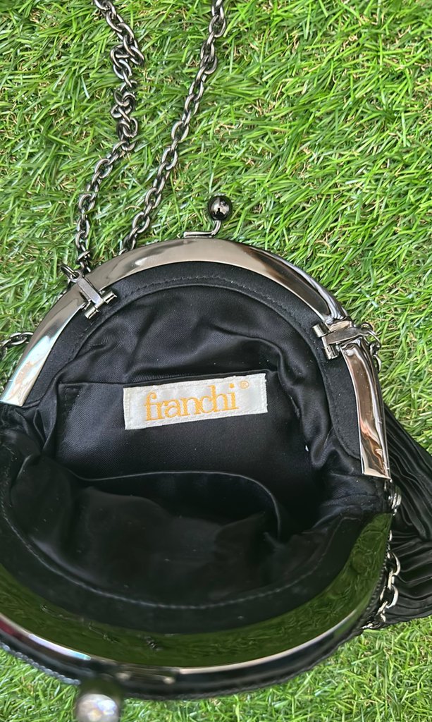Franchi Black Pleated Evening Handbag with Chain Strap
