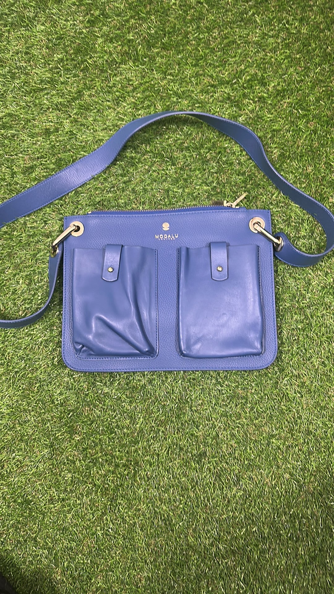 Modalu London Blue Leather Crossbody Bag with Exterior Pockets