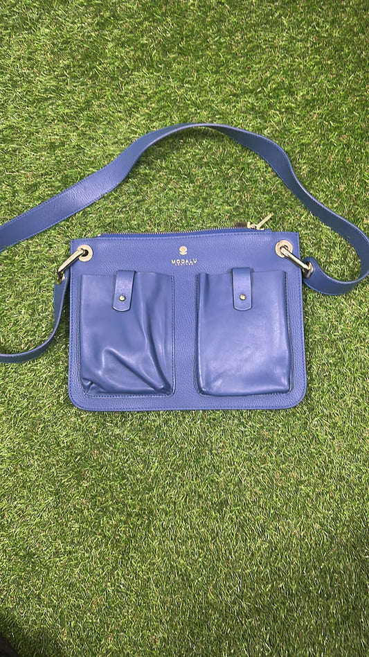 Modalu London Blue Leather Crossbody Bag with Exterior Pockets