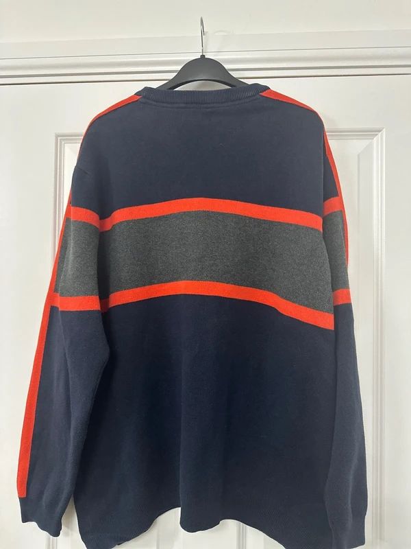 Men’s XXL Redherring jumper, navy blue base with contrasting orange and grey horizontal stripes.