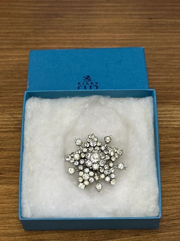 Vintage rhinestone brooch in a Birks box