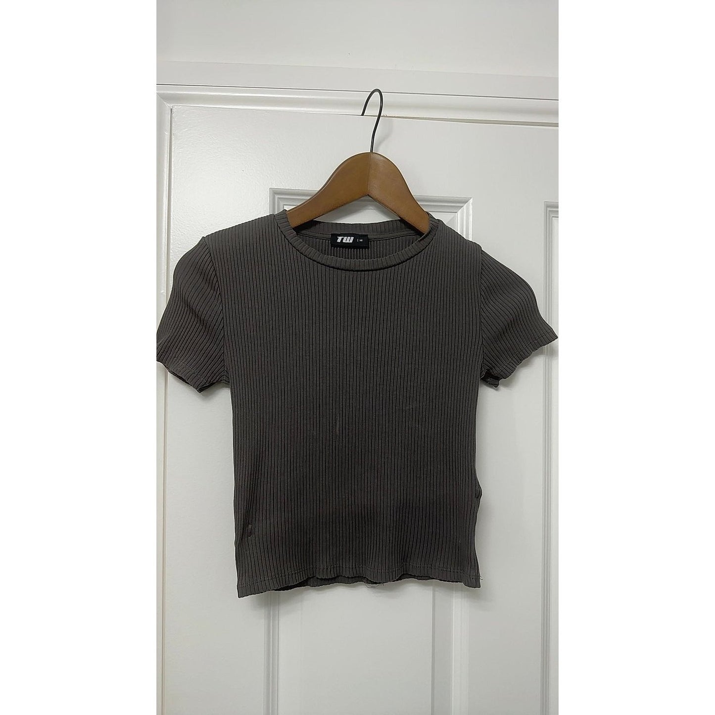 TW Ribbed Short Sleeve Cropped T-Shirt, Charcoal Grey, Size M