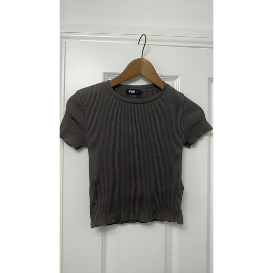 TW Ribbed Short Sleeve Cropped T-Shirt, Charcoal Grey, Size M