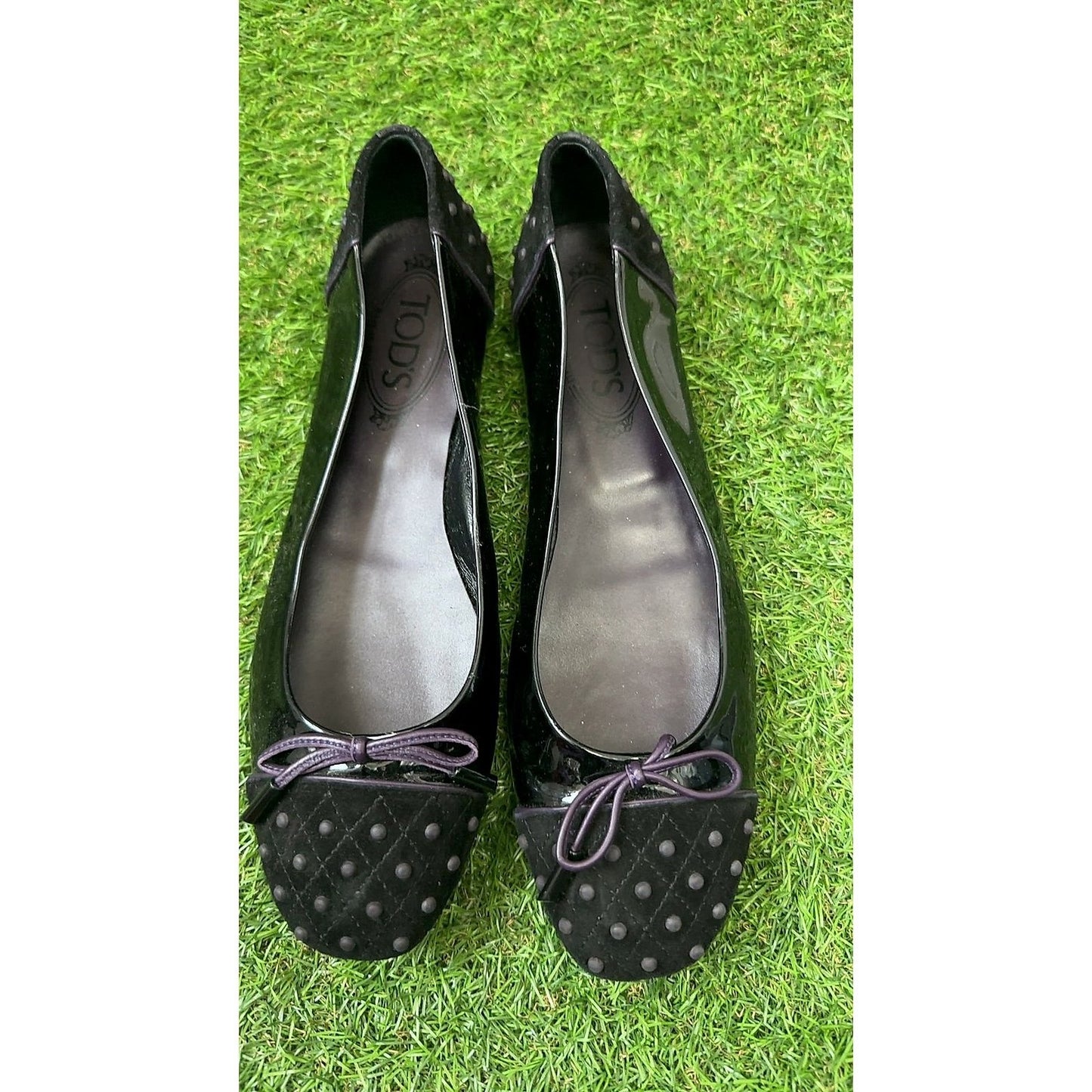 Tod's Black Suede & Patent Leather Ballet Flats with Bow, Size 6