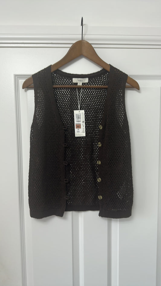 M&S Dark Chocolate Cotton Crochet Button-Up Vest - Brand New with Tags Size XS