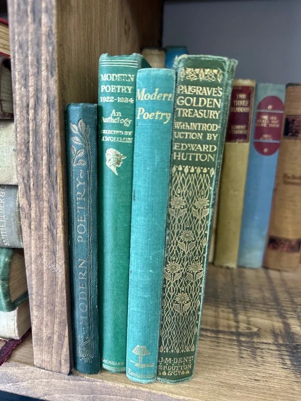 Collection of vintage books includes Palgrave's Golden Treasury and several modern poetry books
