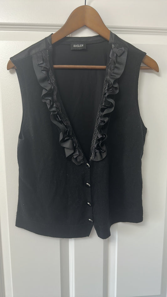 Basler Black Ruffle Trim V-Neck Cardigan Vest size 12