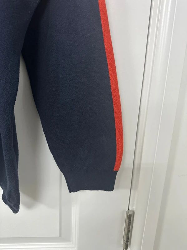 Men’s XXL Redherring jumper, navy blue base with contrasting orange and grey horizontal stripes.