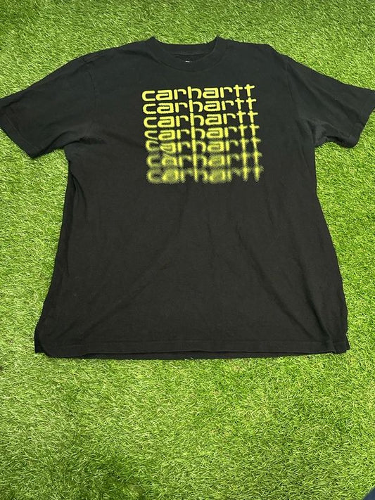 black Carhartt WIP Fading Script T-shirt features a lime green graphic logo print on the front