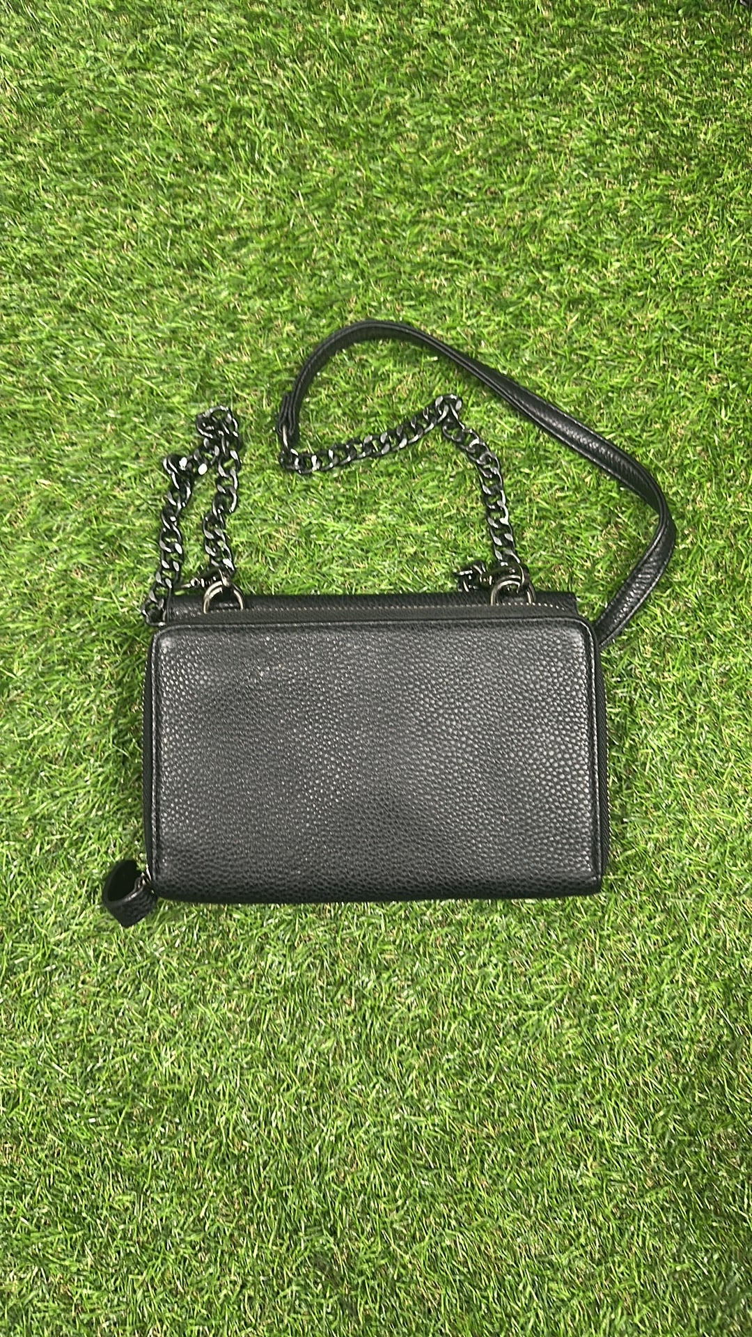 L.Credi Black Pebbled Faux Leather Crossbody Bag with Chain Detail