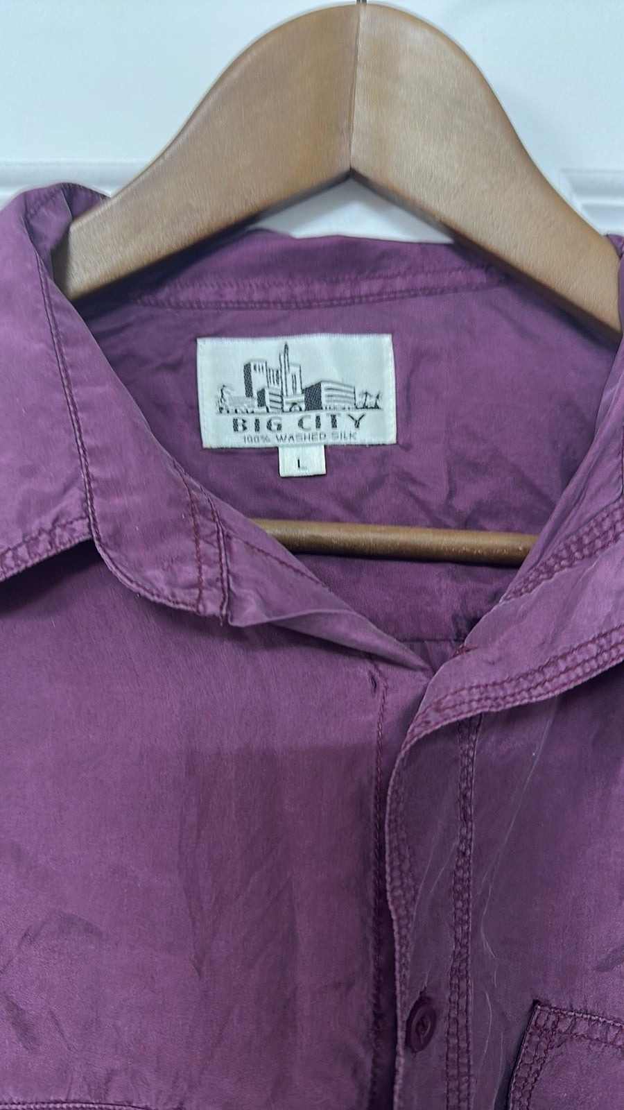 Big City Vintage 100% Washed Silk Plum Button-Down Shirt Size Large