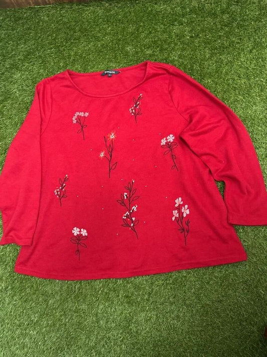 Bonmarché red floral embroidered long sleeve top size 22