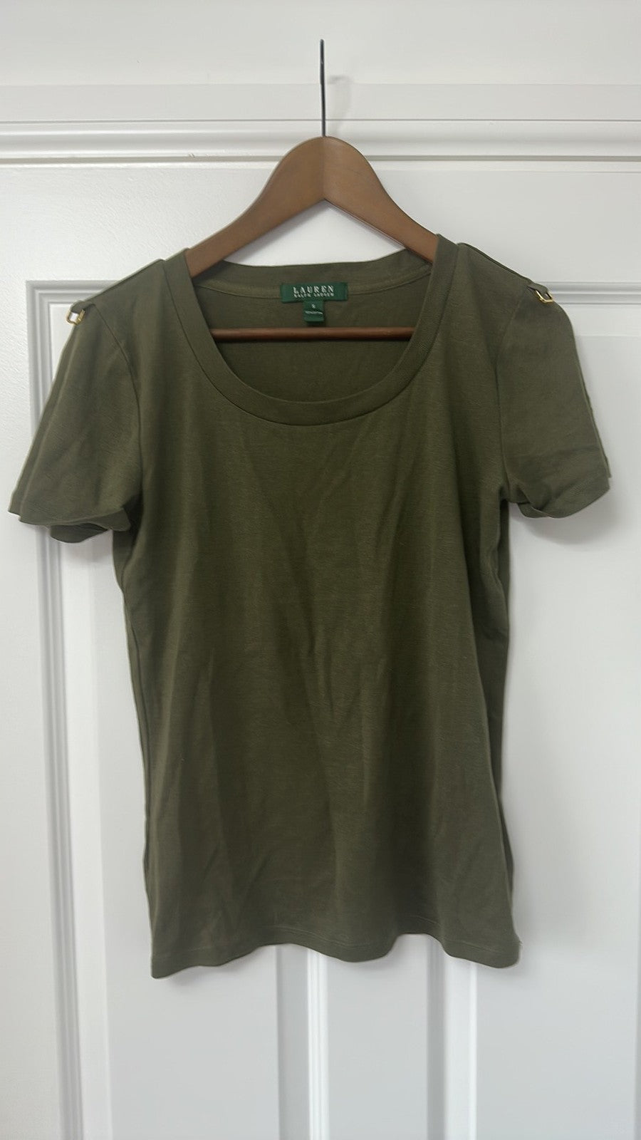 Lauren Ralph Lauren Olive Green Scoop Neck T-Shirt with Shoulder Detail - Small