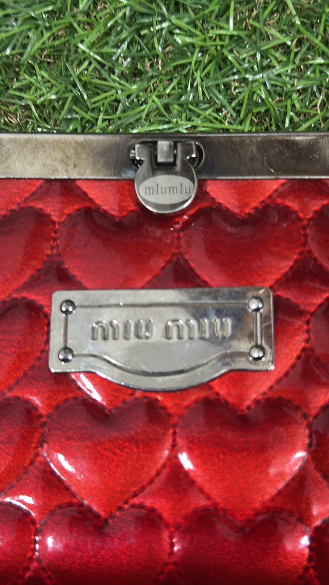Vintage Miu Miu Red Vernice Heart Quilted Framed Wallet