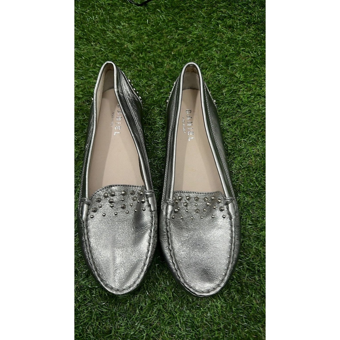 Daniel Silver Metallic Leather Studded Driving Loafers, Size 6, Made in Italy