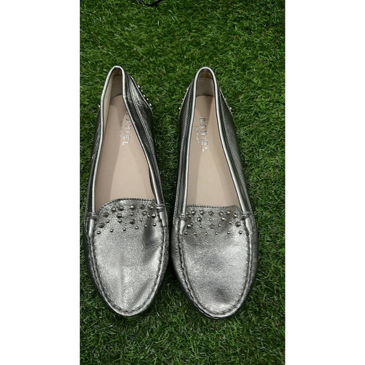 Daniel Silver Metallic Leather Studded Driving Loafers, Size 6, Made in Italy
