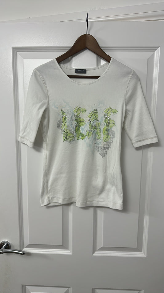 Basler White Ribbed Fern Graphic Tee with Sequins size 12