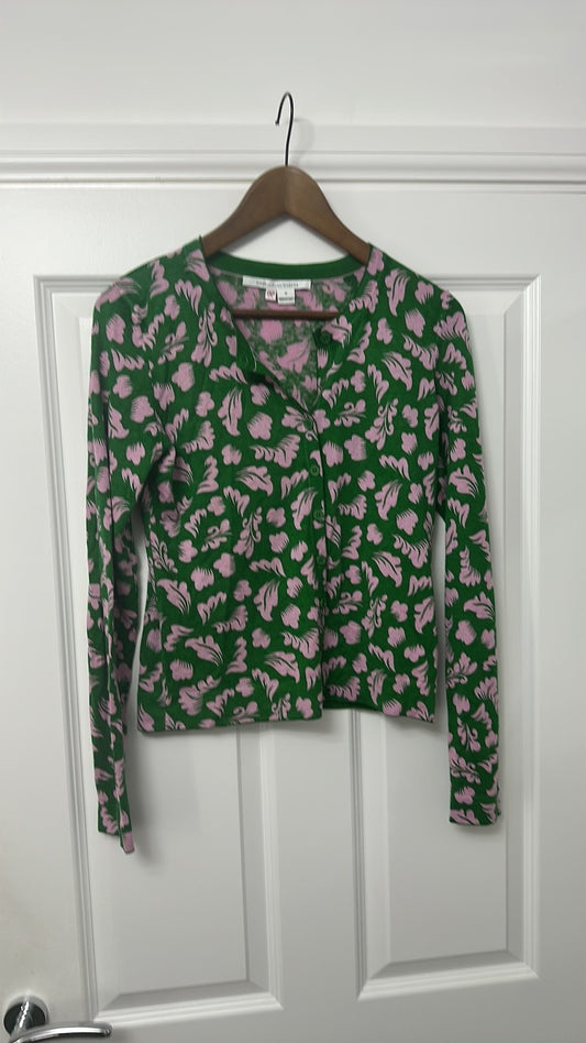Diane von Furstenberg DVF Green and Pink Floral Silk Blend Cardigan size Medium