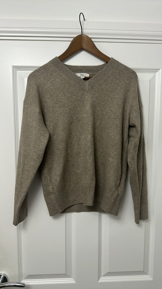 M&S Collection Taupe V-Neck Cashmere Blend Jumper Size S