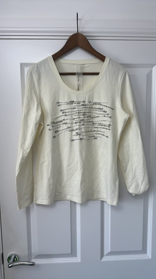 Luisa Cerano Ivory Embellished Long Sleeve Top with Faux Pearls size 14