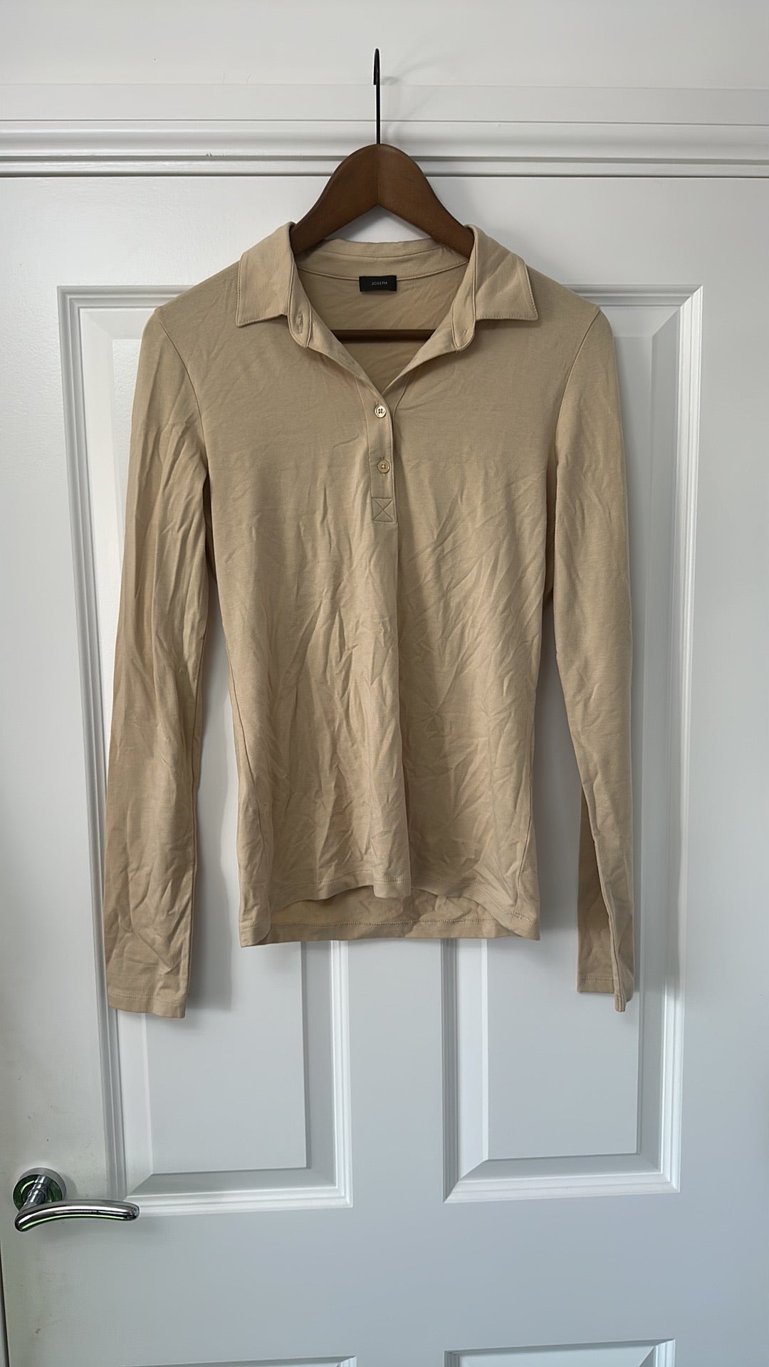 JOSEPH Beige Silk Jersey Long Sleeve Polo Top size Medium