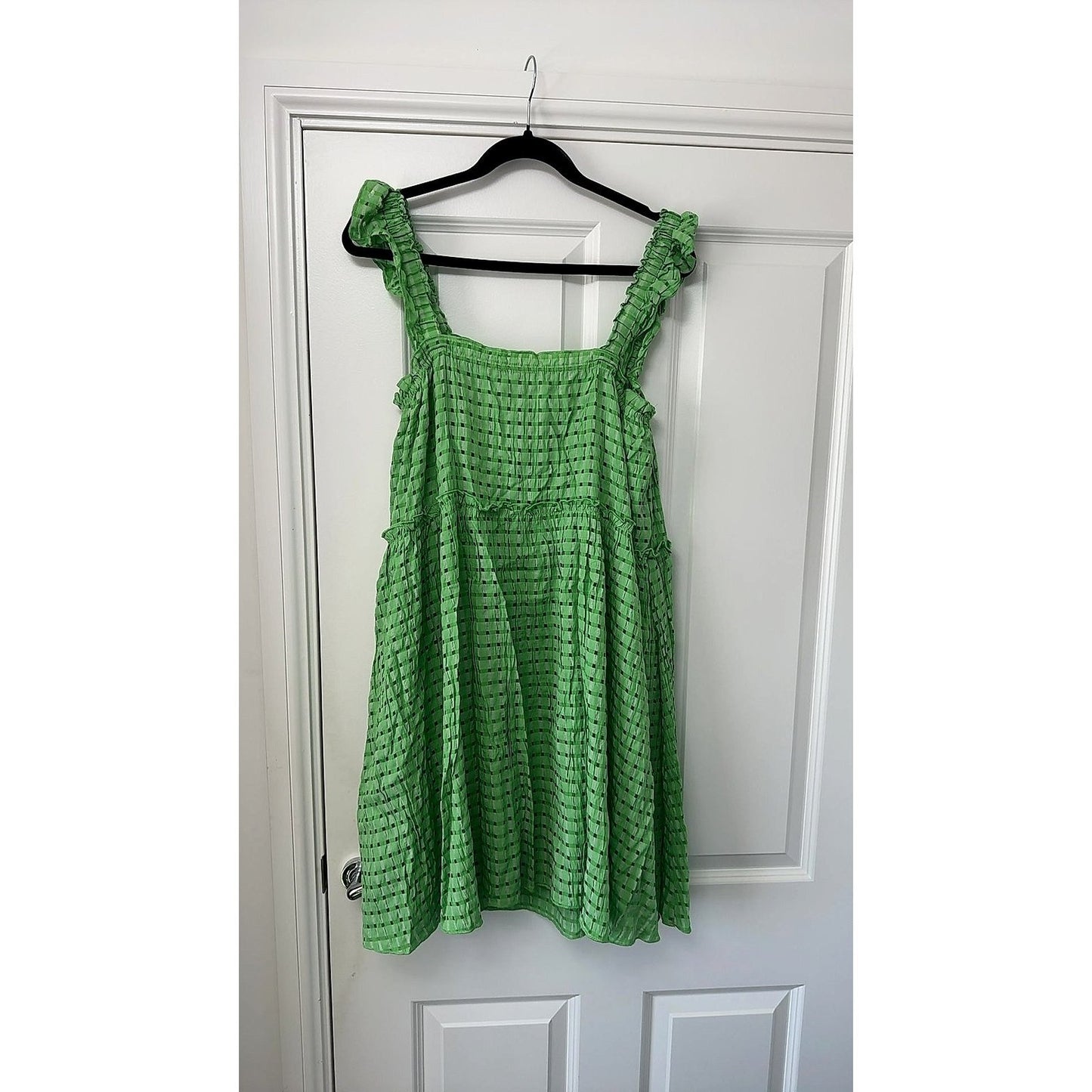 SHEIN Green Gingham Textured Tiered Babydoll Mini Dress Ruffle Strap Size XL