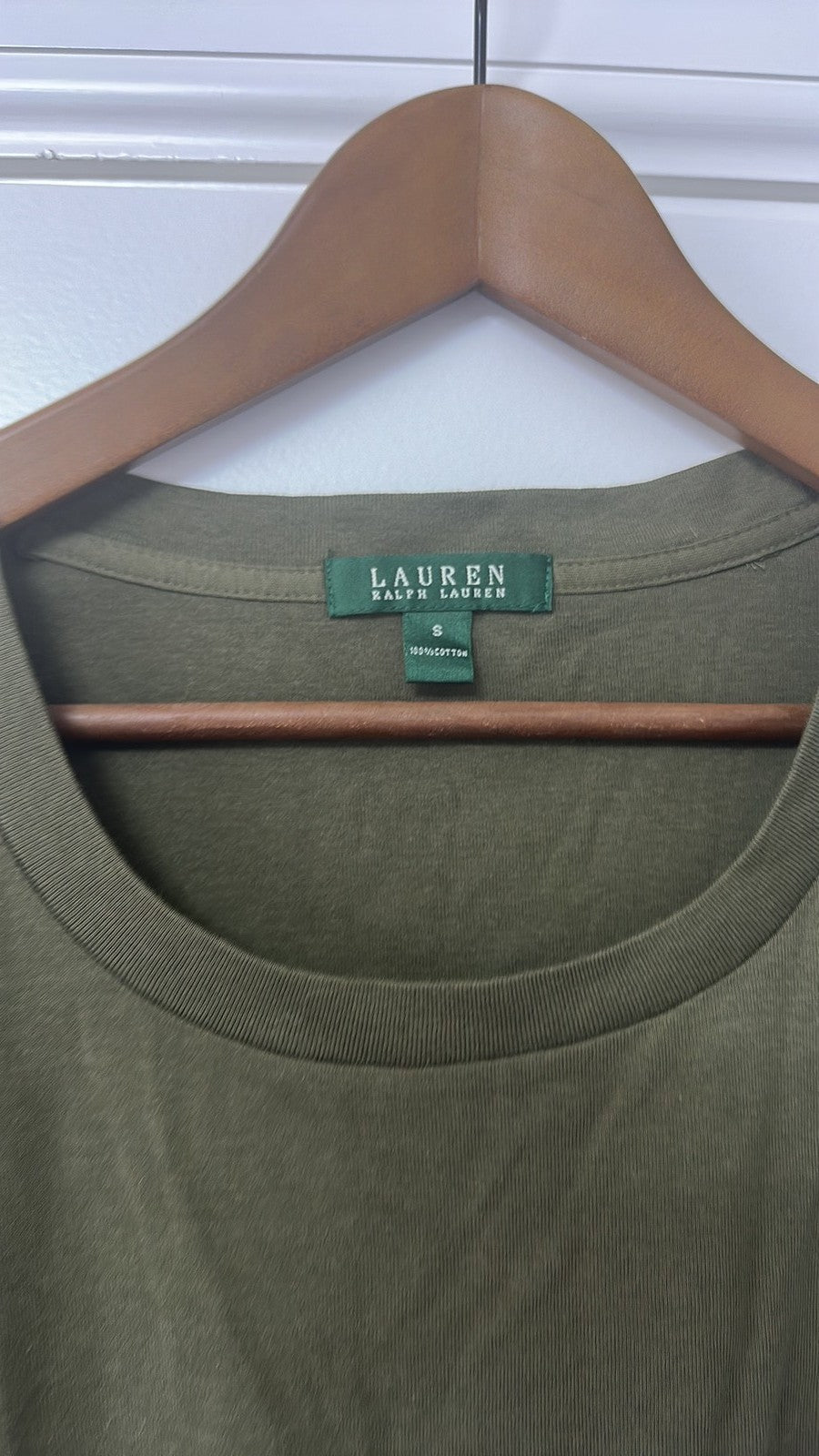 Lauren Ralph Lauren Olive Green Scoop Neck T-Shirt with Shoulder Detail - Small
