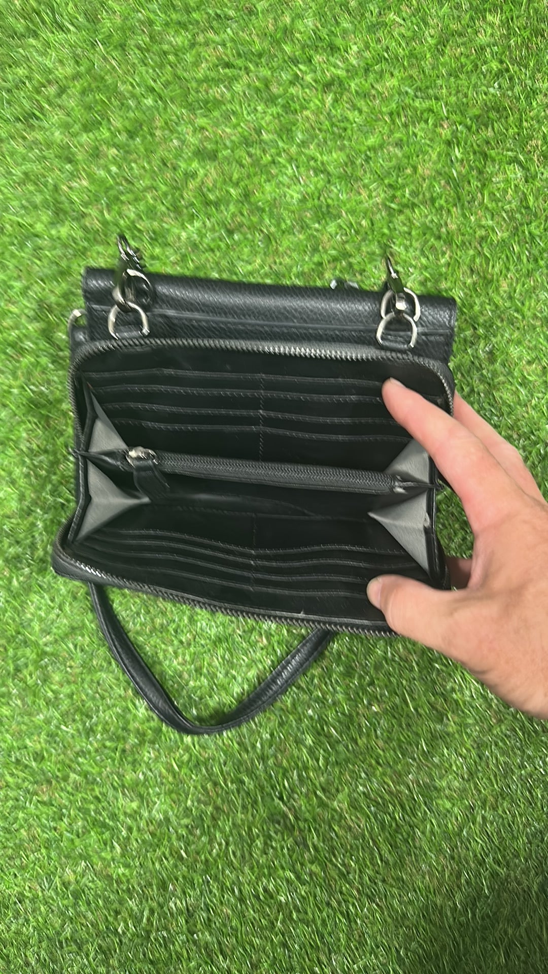 L.Credi Black Pebbled Faux Leather Crossbody Bag with Chain Detail