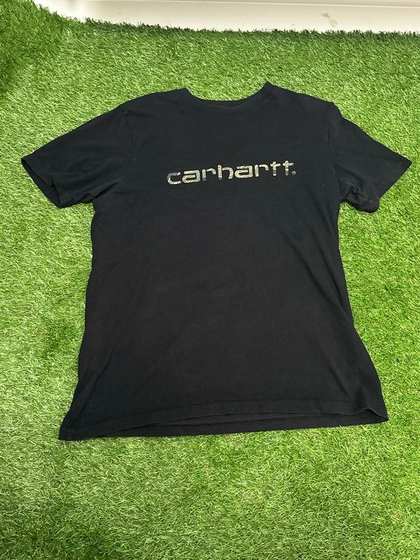 black Carhartt WIP t-shirt with a camouflage-patterned script logo across the chest. Small