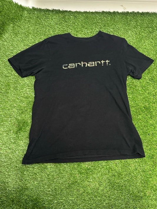 black Carhartt WIP t-shirt with a camouflage-patterned script logo across the chest. Small