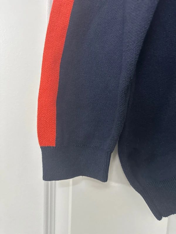 Men’s XXL Redherring jumper, navy blue base with contrasting orange and grey horizontal stripes.